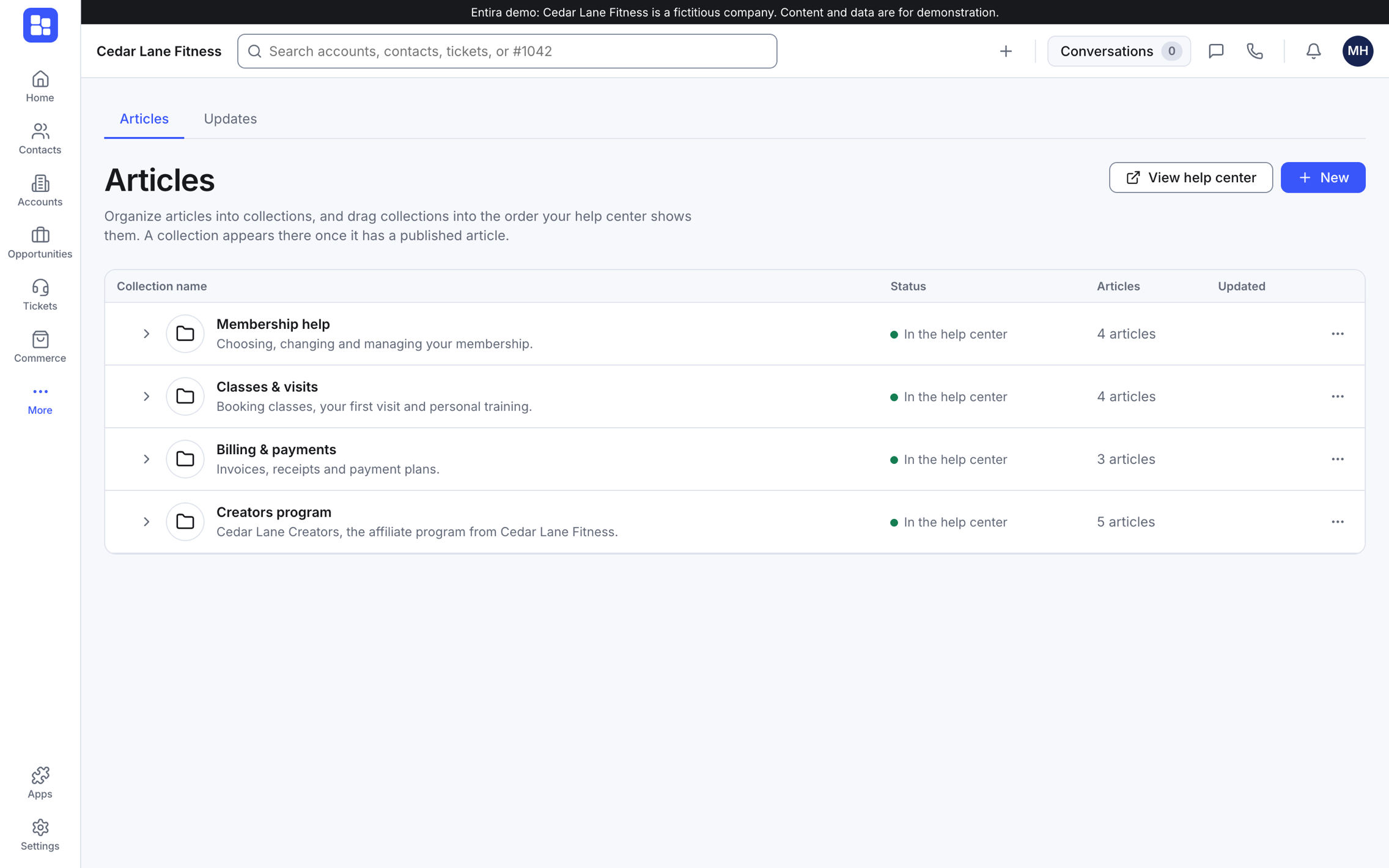 Help center articles in Entira, grouped into collections such as membership help, classes and billing.
