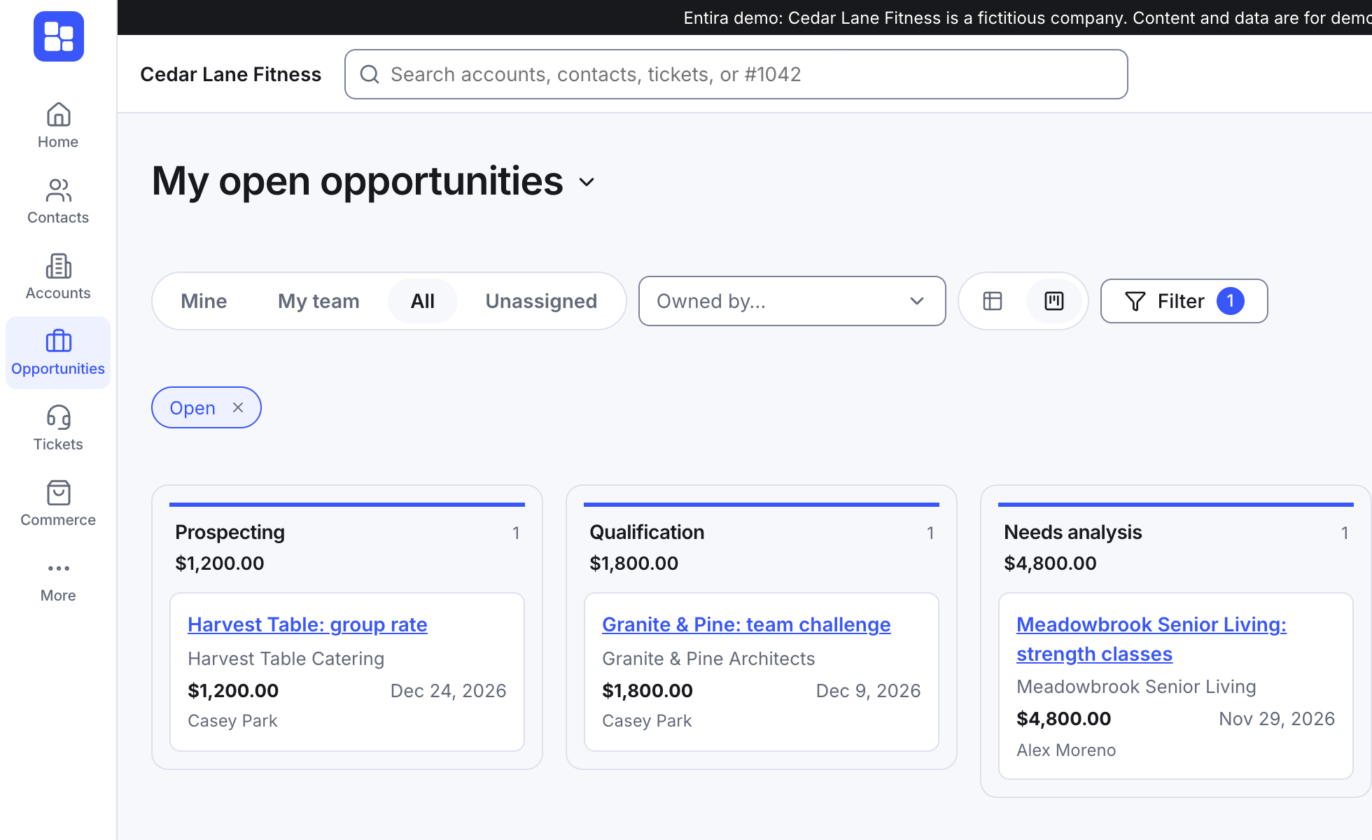 The opportunities board in Entira: open deals in columns from prospecting to negotiation, each with its account, amount, close date and owner.