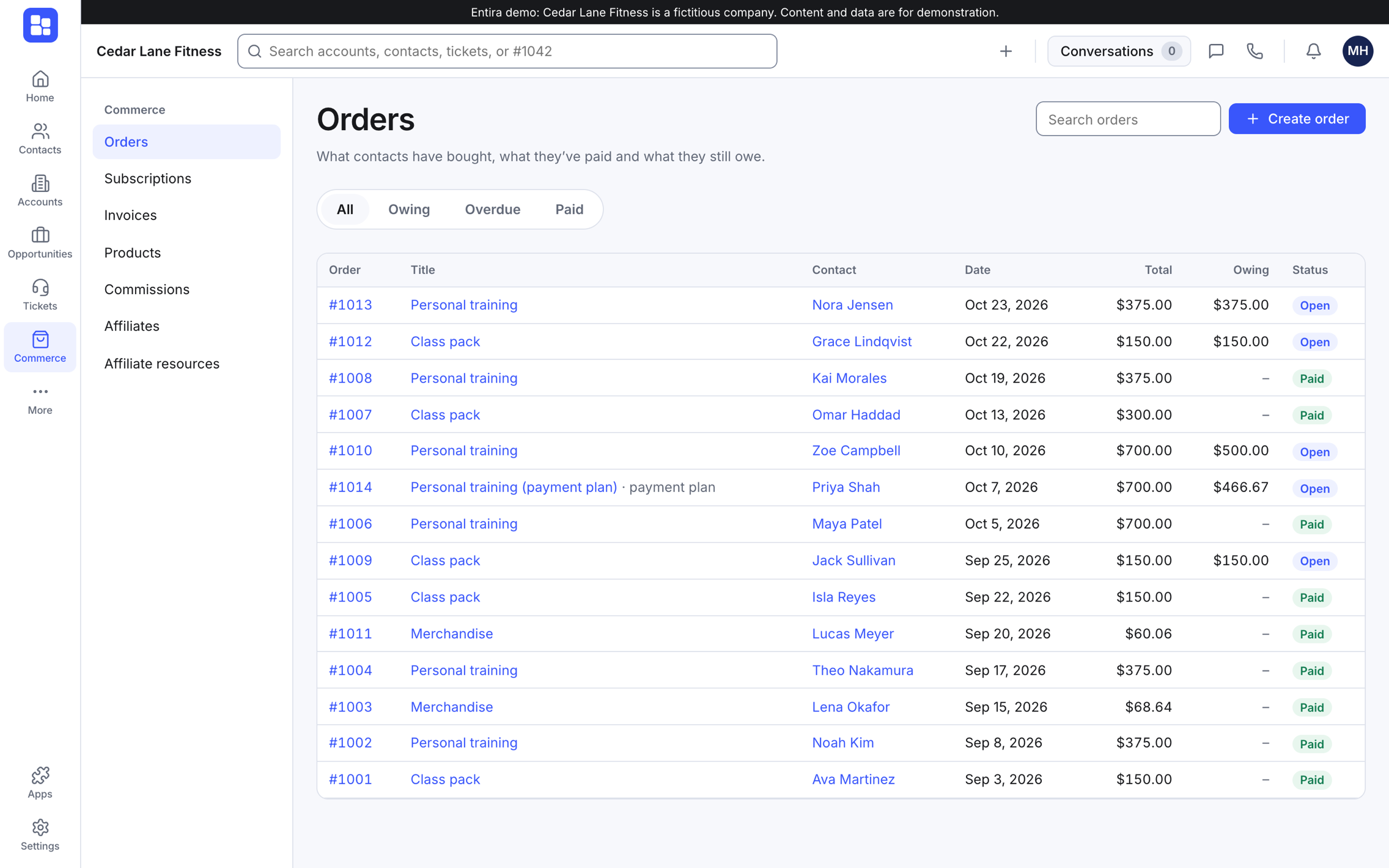 The orders list in Entira, with each order's customer, date, total, amount owing and paid or open status.