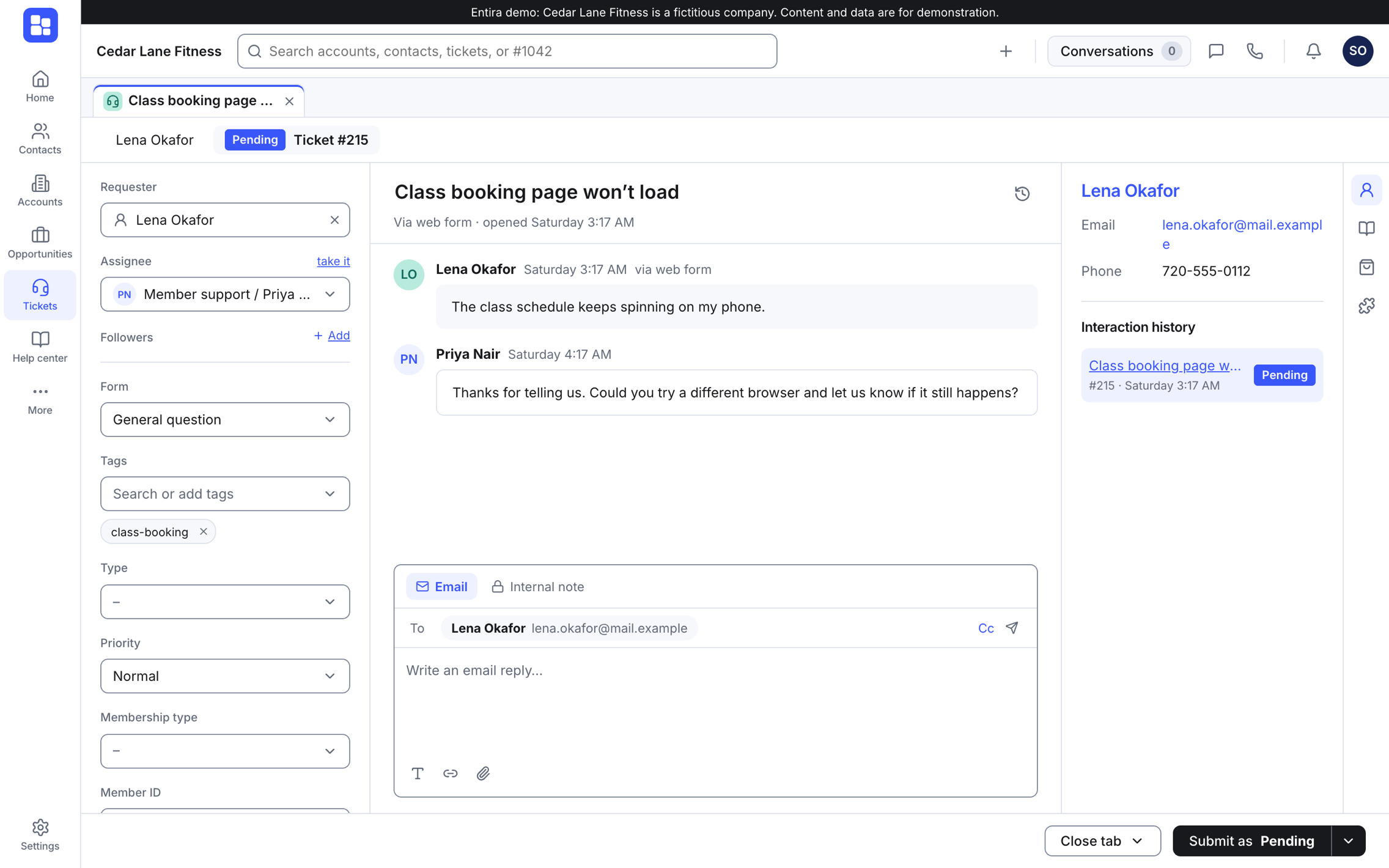 A support ticket in Entira: the customer's message and the team's reply, with the requester, assignee and tags beside it, and the customer's contact details and past tickets on the right.